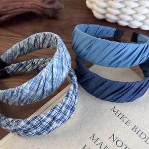 Three-piece set of French vintage blue plaid and pleated wide headbands for women
