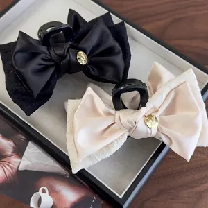 Pinza Per Capelli A Fiocco In Seersucker Di Raso A Doppio Strato Stile Francese Elegante Grande Fermaglio A Squalo Con Targhetta In Metallo Dorato Gioielli Per Capelli Da Donna
