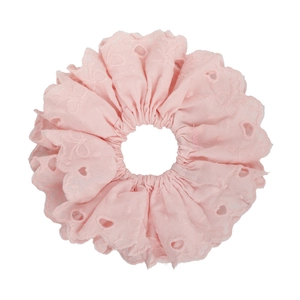 Pink lace heart embroidered scrunchie with hollow out design and wavy edges