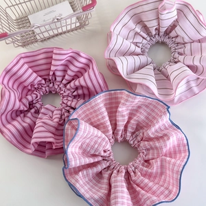 Pink striped and checkered oversized scrunchies set with soft fabric texture