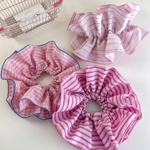 Pink striped and checkered oversized fabric scrunchies set in sweet Korean style