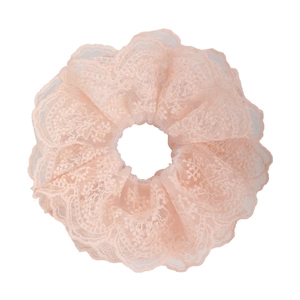 Sweet pink lace scrunchie with intricate embroidery and layered mesh design for women