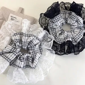 French Style Lace Plaid Scrunchies Large Hair Ties Vintage Checkered Fabric Elastic Hair Bands Women Ponytail Accessories