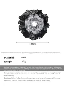 Detailed view of 21cm oversized black lace and plaid scrunchie with size specifications