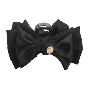 Pinza per capelli francese con fiocco a doppio strato in raso nero e chiffon con etichetta oro