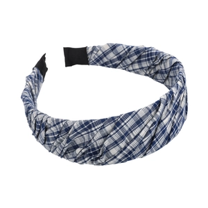 French retro blue striped plaid headband with pleated fabric and wide brim style