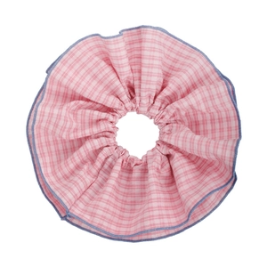Pink and white striped oversized scrunchie with navy blue edges for high ponytails