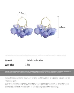 Detailed view of blue fabric petal earrings with white pearls and gold alloy hoops