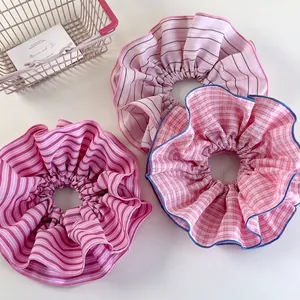 Korean Style Sweet Pink Gingham Stripe Fabric Large Scrunchie Ruffle Elastic Hair Tie Ponytail Holder For Women Hair Accessories