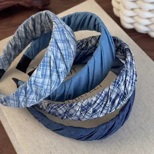 French Retro Blue Plaid Striped Pleated Fabric Headband Handmade Wide Brim Hair Hoop For Women School Daily Accessories