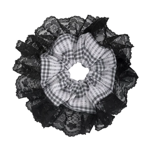 French style double-layer hair scrunchie with black lace trim and white plaid fabric