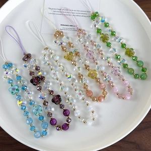 Set of seven colorful handmade beaded phone lanyards with crystal flowers and acrylic beads