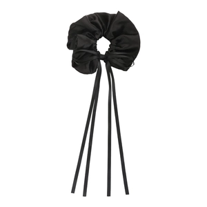 Elegant black satin bow scrunchie with long ribbons for women's hair styling