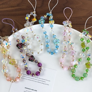 Handmade Colorful Glass Beaded Flower Bow Phone Chain Anti-lost Wrist Strap Lanyard Women Fashion Accessory