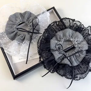 French Romantic Lace Trim Gingham Scrunchie Large Mesh Polka Dot Bow Hair Band For Women Sweet Lolita Style Hair Accessories