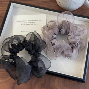 Oversized organza scrunchies in black and grey-purple with elegant pleated layers