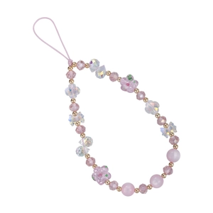 Handmade colorful glass bead phone strap with pink flowers and butterfly charms