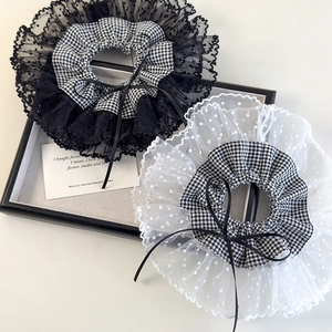French style lace and plaid oversized scrunchie with a delicate black ribbon bow