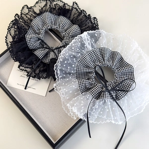 French lace gingham scrunchie with polka dot mesh and black ribbon bow hair tie