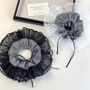 French lace scrunchies with black and white plaid pattern and sheer polka dot mesh bows