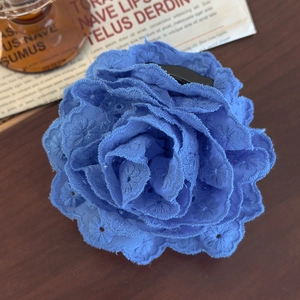 Detail showing blue lace rose embroidery hair claw clip on vintage background