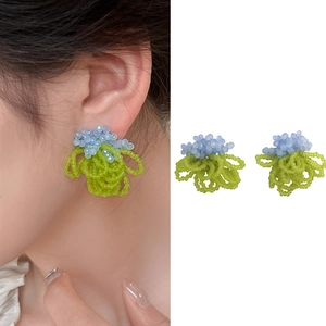 Handmade light blue and green crystal beaded floral stud earrings for women