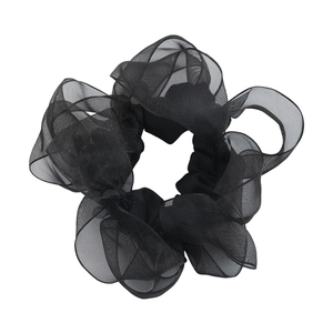Fluffy black organza scrunchie with a large pleated floral design on white background