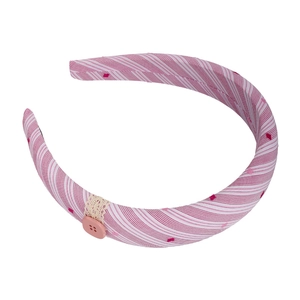 Serre-tête en tissu à rayures roses avec bordure en dentelle et bouton décoratif