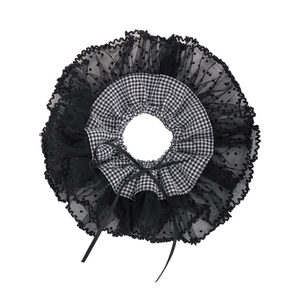 French romantic lace scrunchie with black white plaid pattern and mesh bow detail