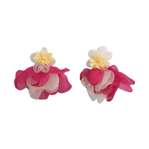 Elegant oversized mesh flower earrings with layered pink and white petals for women