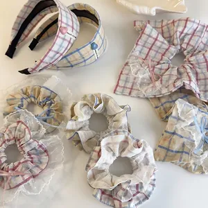 Sweet Plaid Lace Scrunchies Bowknot Hair Ties And Soft Checked Headbands Elegant Fabric Heart Decor Women Hair Accessories