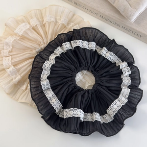 Elegant large pleated lace scrunchies in black and beige with French vintage style