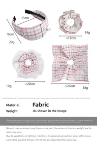 Size guide for fabric hair accessories set with pink and blue plaid lace scrunchies
