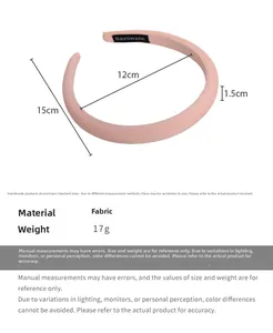 Detailed size view of pink fabric sponge headband showing dimensions and handmade label