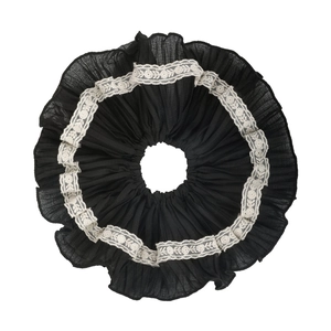 Elegant black ruffled hair scrunchie with cream lace trim for a vintage aesthetic style