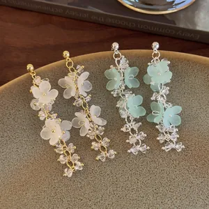 Bohemian Frosted Resin Flower Tassel Drop Earrings For Women Elegant Rhinestone Long Dangle Earrings Vacation Jewelry