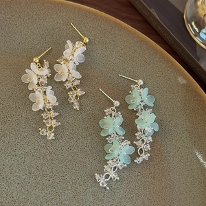 Bohemian style long floral tassel earrings with translucent petals and crystal beads
