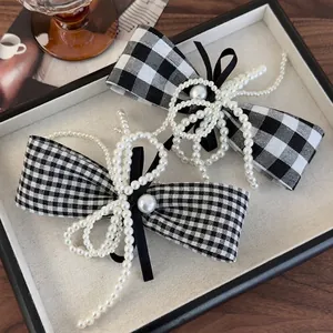 French Retro Gingham Bow Hair Clip For Women Elegant Faux Artificial Pearl Fabric Spring Clip Korean Fashion Headwear Accessory