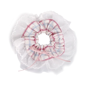 Detailed view of plaid scrunchie with white polka dot mesh lace and pink ribbon bow