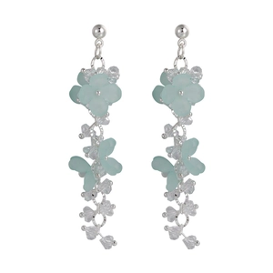 Bohemian light blue flower earrings with crystal tassels and silver studs for women