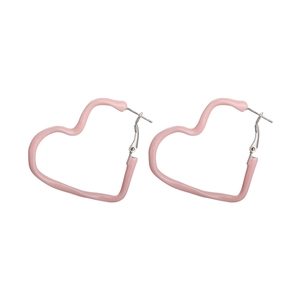 Pastel pink heart-shaped hoop earrings with matte enamel finish and silver metal clasp