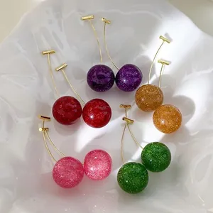 Cute Resin Cherry Drop Earrings With Gold Metal Stalk Glitter Sequin Fruit Dangle Earrings For Women Sweet Jewelry Gifts