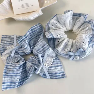 Blue and white plaid scrunchie set with delicate lace trim, ribbons and a pearl accent