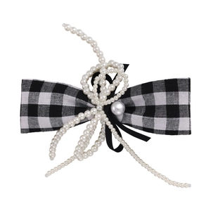 Elegant houndstooth bow hair clip with pearl tassels and black ribbon for women