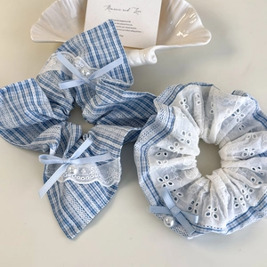 Korean Sweet Blue White Gingham Scrunchie With Lace Bow Knot And Faux Artificial Pearl Large Fabric Hair Ties For Women Girls Jewelry