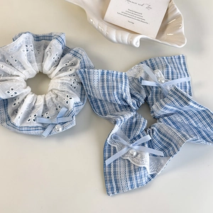 Blue and white checkered hair scrunchie set with lace bow and elegant faux pearls
