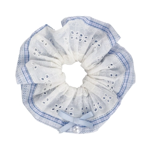 Blue and white plaid scrunchie with lace embroidery and a satin bow with pearl