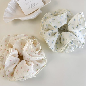 Floral print oversized scrunchie set in cream chiffon with pink and blue blossoms