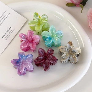 Detail of six acetate flower hair claws in various colors arranged on a white ceramic plate