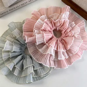 Vintage Layered Organza Ruffle Hair Scrunchie Wave Edge Large Sweet French Style Handmade Elastic Hair Tie For Women
